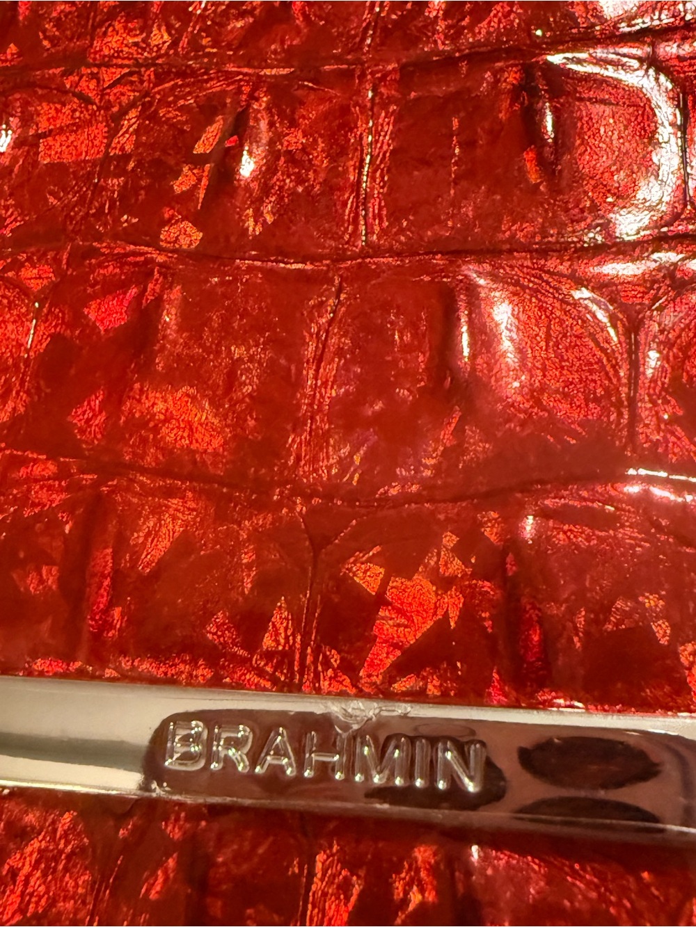 Glossy Red Croc-Embossed Satchel with Gold Accents teal leather - Picture 3 of 14